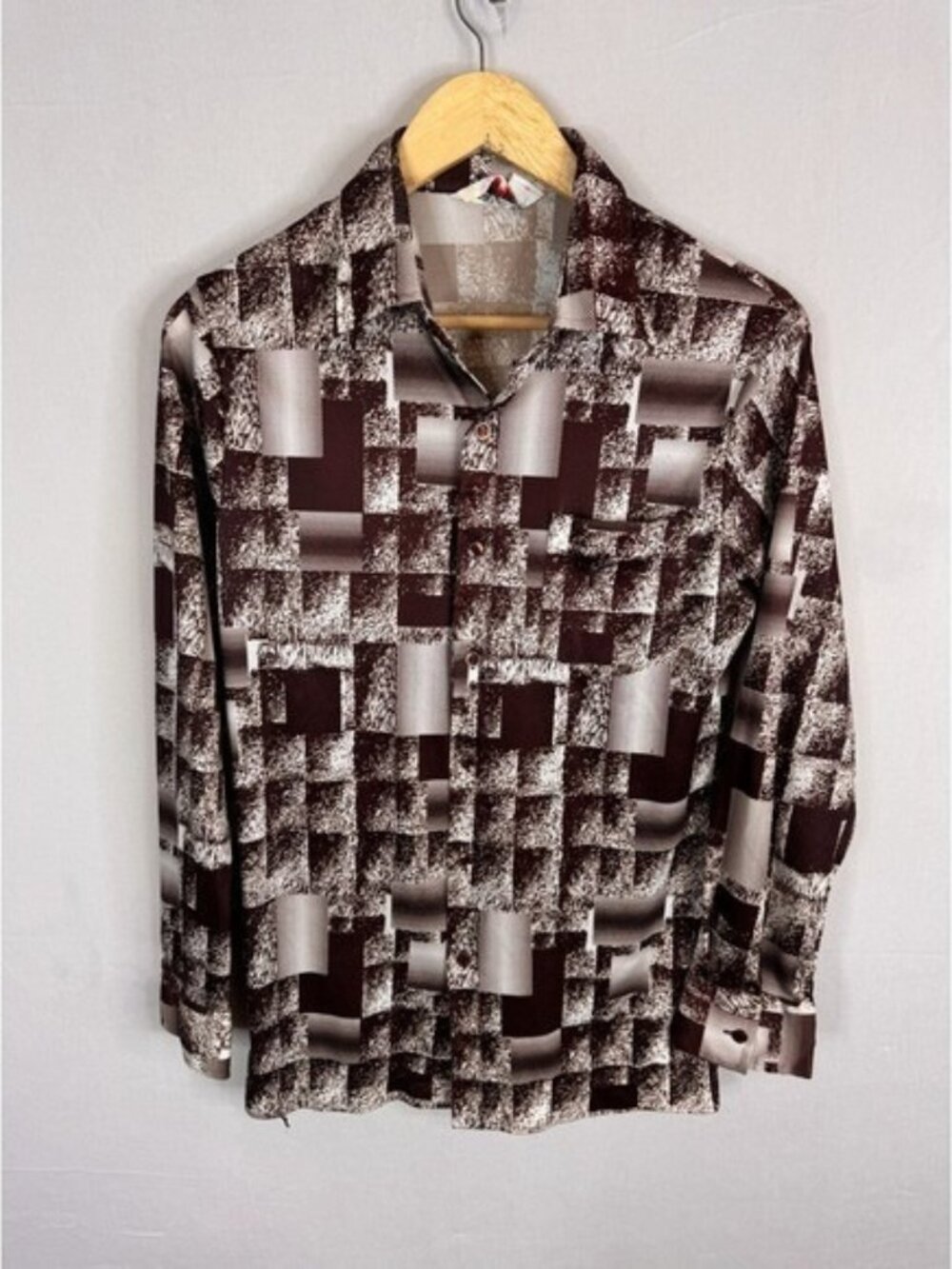 Vintage Impact Men Brown Geometric Disco Print Polyester Button Down Shirt M 70s